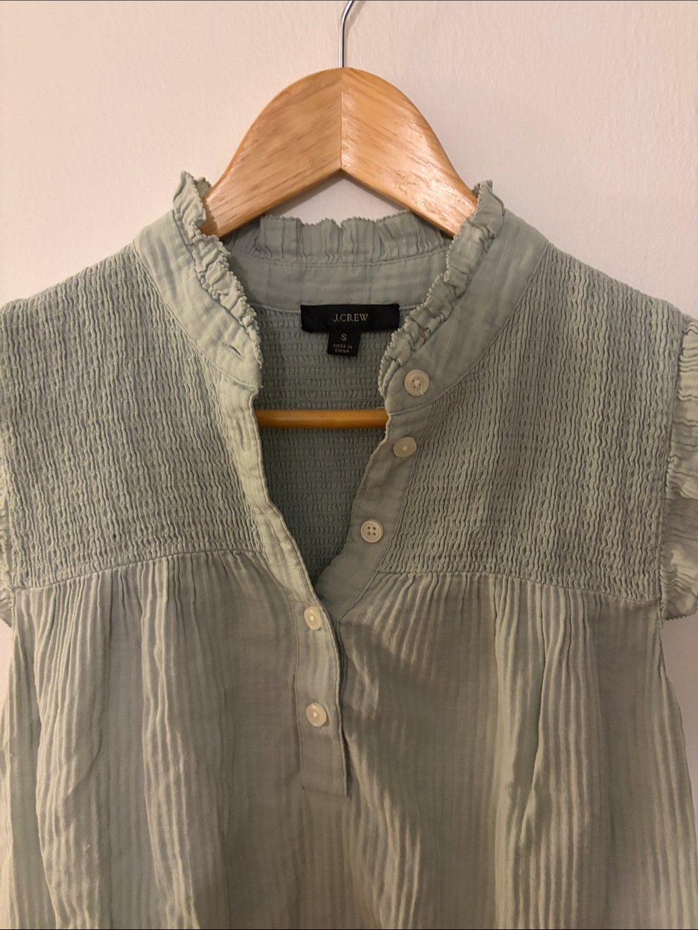 J. Crew Sage Green Smocked Cap-Sleeve Button Front Top - Picture 2 of 8